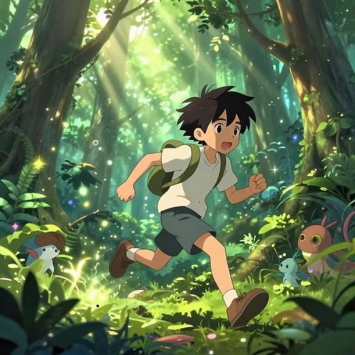 Anime-style digital illustration of a boy with black hair, white shirt, gray shorts, backpack, running in a sunlit, enchanted forest with glowing fire