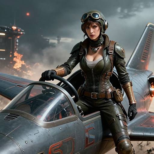 Digital artwork of a fierce, busty woman in black leather pilot gear, with goggles, straddling a burning jet fighter, amidst a war-torn