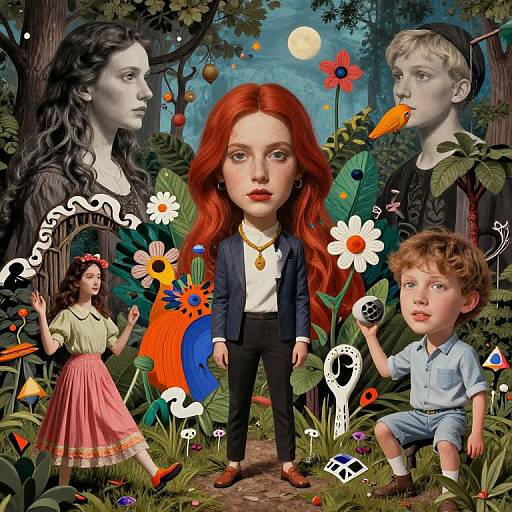 Digital illustration of a red-haired child in a suit, surrounded by surreal forest, four grayscale portraits, colorful flowers, and whimsical creatures.