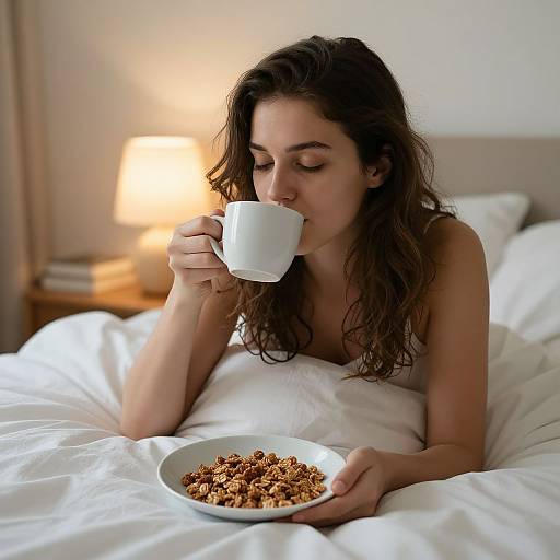 Photograph of a brunette woman with wavy hair, sipping from a white mug, lying in bed with white sheets, holding a plate of cereal