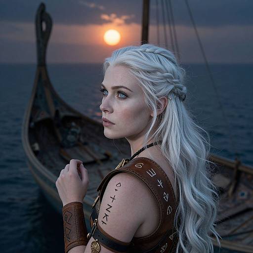 Photorealistic digital artwork of a white-haired, blue-eyed woman in medieval Viking attire, standing on a wooden ship at sunset, with 