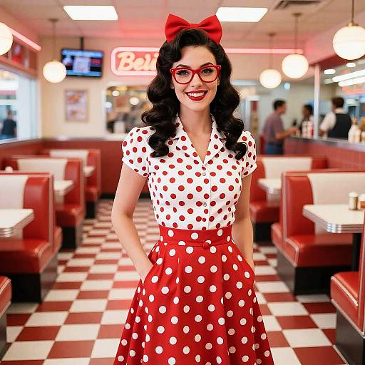 Photograph of a smiling, fair-skinned woman with curly black hair, red glasses, red bow, white polka dot blouse, and red pol