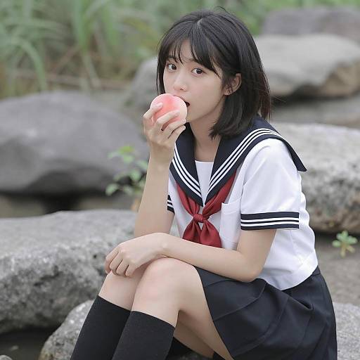 Asian Girl in Sailor Uniform Eating Peach