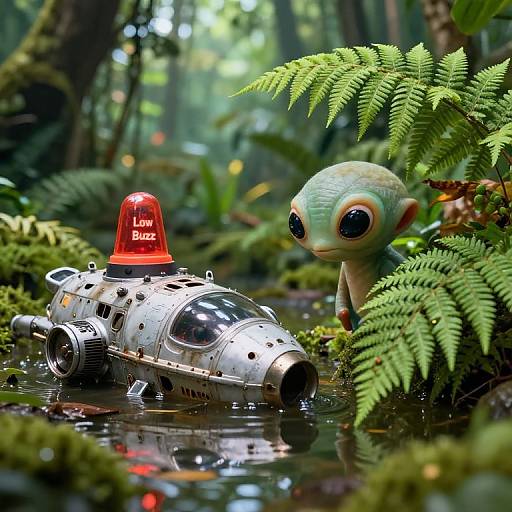 Curious Alien and Spaceship Wreckage in Jungle