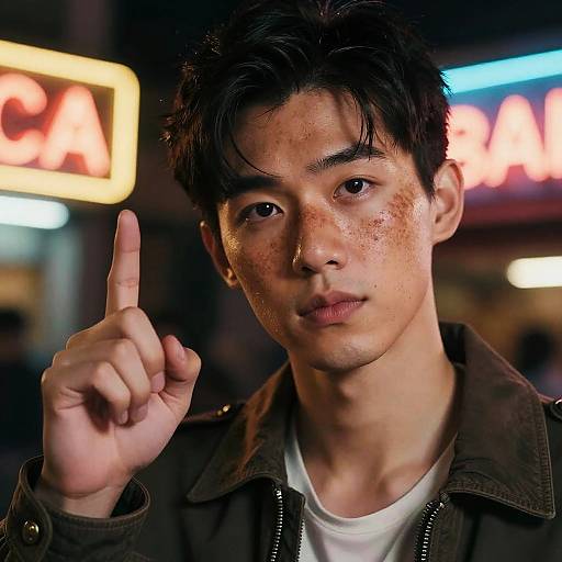 Young Asian Man with Freckles Pointing Upward