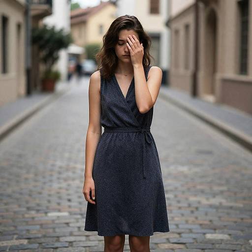 Melancholic Woman on Cobblestone Street