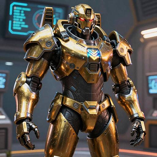 Photorealistic CGI of a golden, armored robot with red eyes and a glowing blue V-shaped emblem on its chest, standing in a futuristic, dim