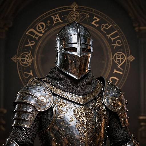 Photograph of a medieval knight in polished silver armor with intricate gold patterns, wearing a metallic helmet, standing before a dark, ornate background with golden