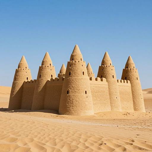 Photograph of a traditional desert sandcastle with multiple conical turrets under a clear blue sky, set in a sandy desert landscape.