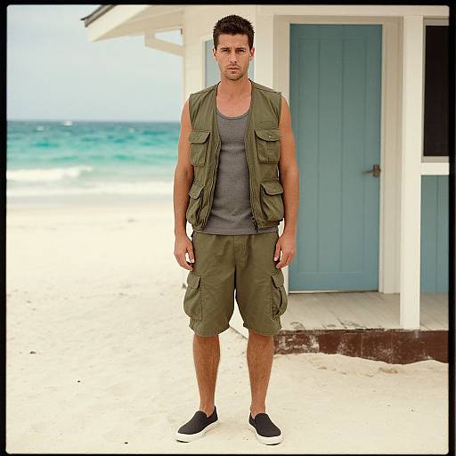 Photograph of a muscular man with short dark hair, wearing a gray tank top, olive-green vest, cargo shorts, and black sneakers, standing in