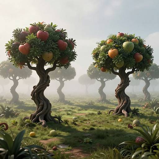 Digital artwork of two twisted apple trees with colorful apples, set in a misty, sunlit orchard with scattered fruit on the grass.