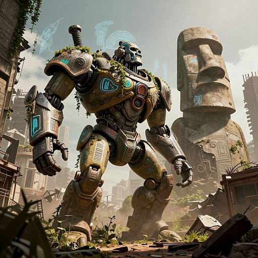 Digital art of a large, robotic warrior with grass and vines, standing in a sunlit, ruined, ancient temple with large stone statues.