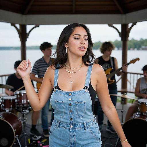 Photograph of a dark-haired woman in blue denim overalls, singing confidently on stage with a band in the background. Lake and wooden gazebo visible