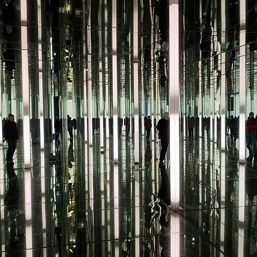 Photograph of a modern, reflective glass building with vertical light bars, casting bright reflections on the shiny black floor. Silhouetted people and a