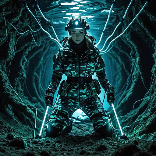 Female Diver in Camouflage Suit in Deep Sea Trench