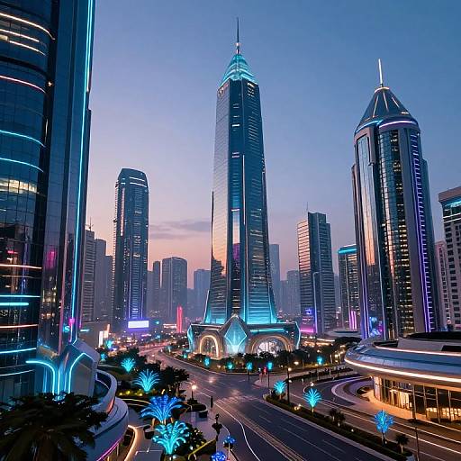 Photograph of a futuristic cityscape at dusk, featuring illuminated skyscrapers, blue neon lights, and a prominent central tower.