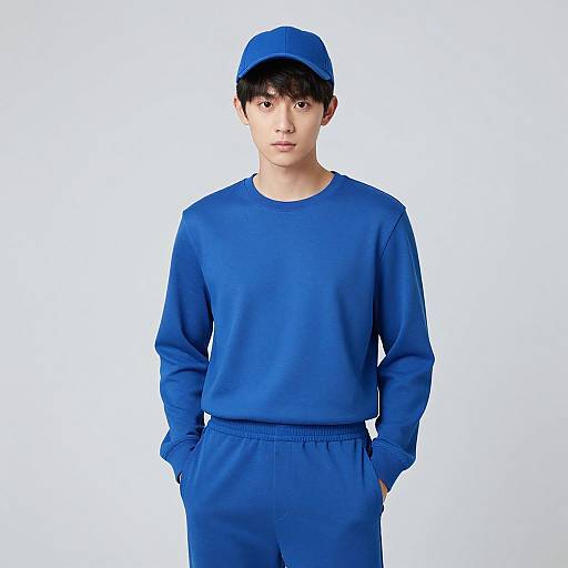 Photograph of a young Asian man with short black hair, wearing a blue cap, long-sleeve sweatshirt, and matching pants, standing against
