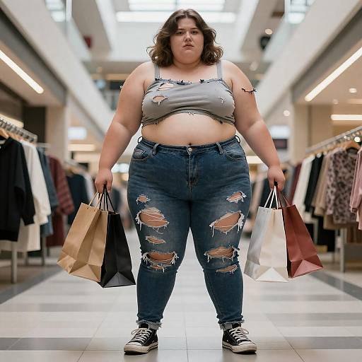 Young Woman Shopping in Mall with Torn Clothing