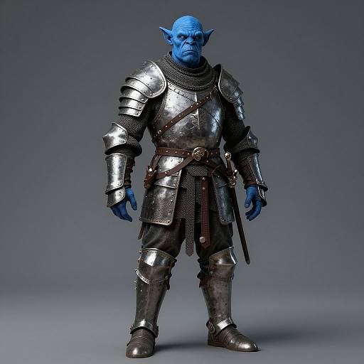 Photorealistic CGI of a blue-skinned, muscular orc warrior in shiny silver armor, brown belt, and black boots, standing against a gray gradient