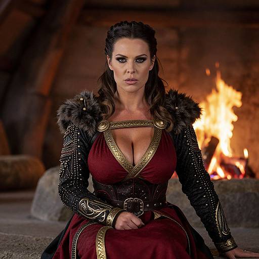 Photograph of a brunette woman with large breasts, wearing a deep red, fur-trimmed dress with gold accents, sitting in front of a roaring
