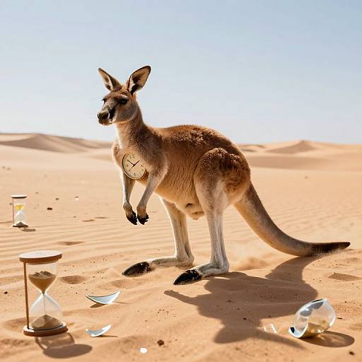 Surreal Kangaroo with Clock in Desert