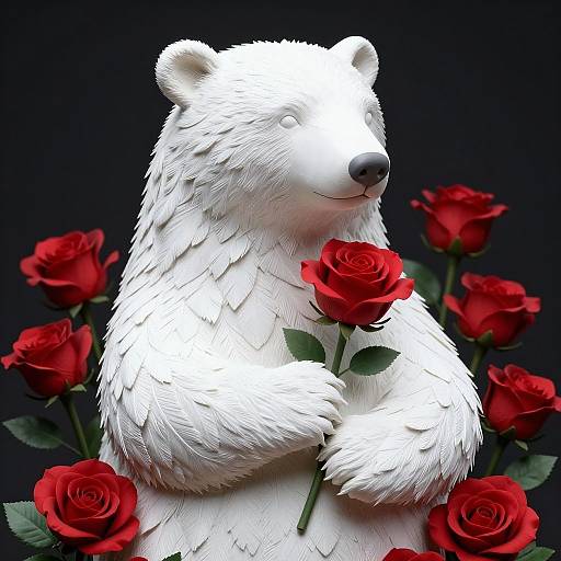 Intricate White Bear Sculpture with Roses
