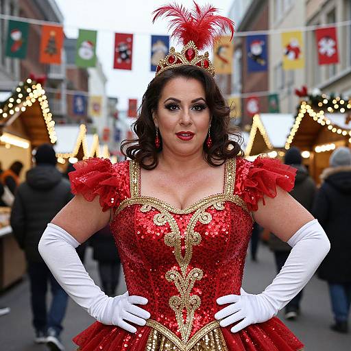 Photograph of a curvy woman in a red, sequined, royal costume with white gloves, tiara, and feather, standing confidently in a