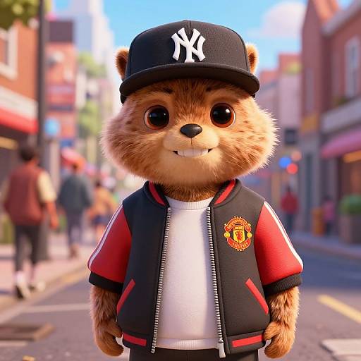 CGI image of an anthropomorphic chipmunk wearing a black NY cap, red and black varsity jacket, and white t-shirt, standing on