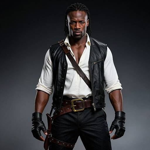 Muscular Black Pirate with Leather Vest