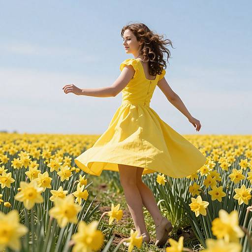 Photograph of a woman with curly brown hair in a yellow dress, dancing in a vibrant yellow daffodil field under a clear blue sky.