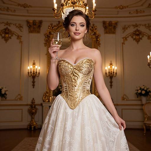 Photograph of a beautiful woman in an ornate gold and white strapless ball gown, holding a champagne glass, standing in an elegant, gold-de