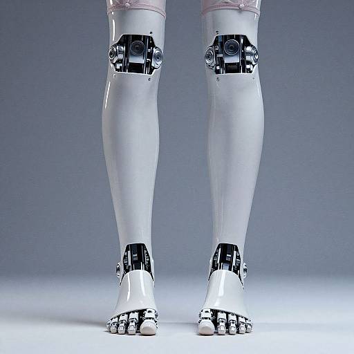 Photograph of sleek, white, robotic legs with black mechanical joints and joints, standing against a gradient blue-gray background.