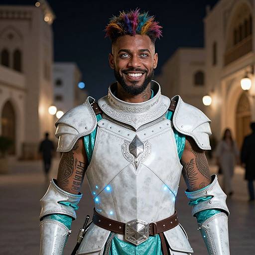 Smiling Black man with multicolored mohawk, tattooed arms, and silver armored costume standing in a lit, historic, cobblestone plaza