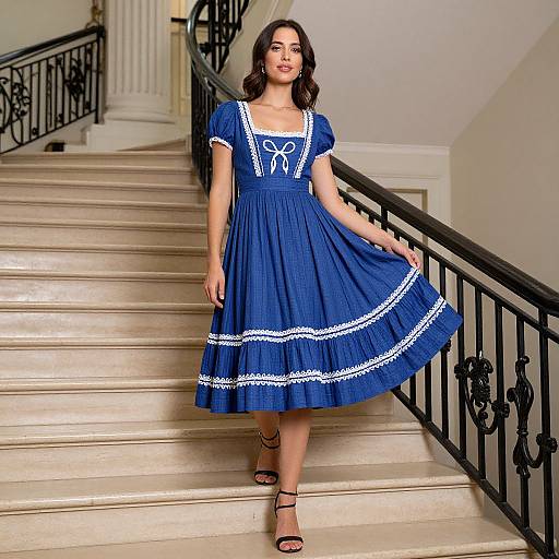 Photograph of a young woman with wavy dark hair, wearing a blue dress with white lace trim, standing on a staircase.