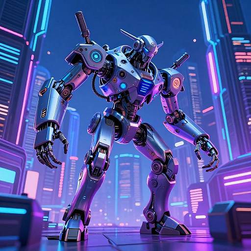 Cybernetic robot with glowing blue and pink lights stands in a futuristic neon-lit cityscape, showcasing metallic armor and mechanical joints. Digital art