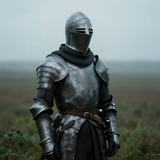 Photograph of a medieval knight in full shiny silver armor with a black visor, standing in a misty, grassy field.
