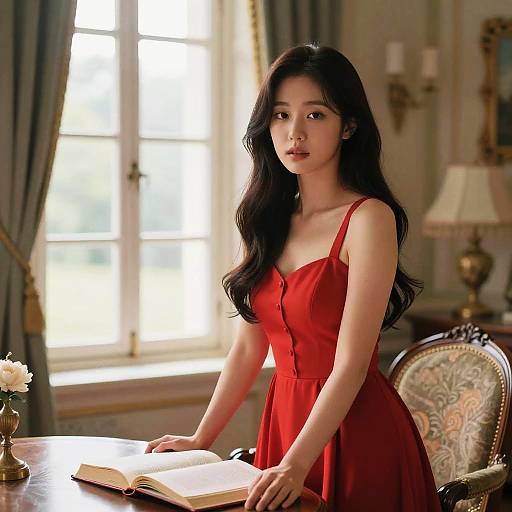 Photograph of an East Asian woman with long black hair in a red dress, standing in a sunlit room, reading an open book on a wooden