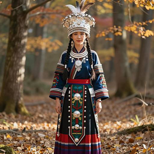 Woman in Traditional Feathered Headdress and Ceremonial Costume