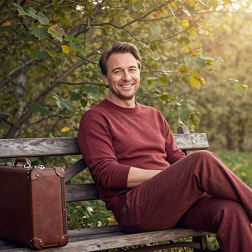 Photograph of a smiling, brown-haired man in a red sweater and brown pants, sitting on a wooden bench with a brown suitcase, in a sun
