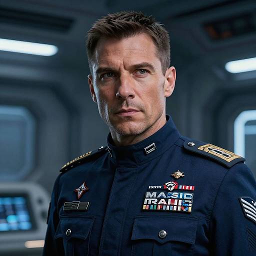 Photograph of a serious, blue-eyed, short-haired male military officer in a dark uniform with various colorful ribbons, standing in a futuristic, dim