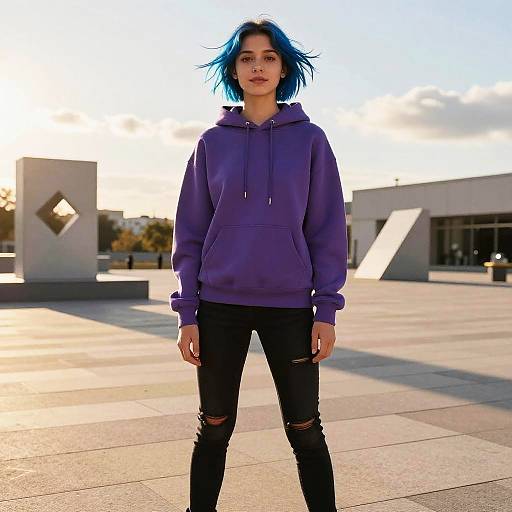 Photograph of a young woman with blue hair, wearing a purple hoodie and black ripped jeans, standing in a sunlit, modern plaza.