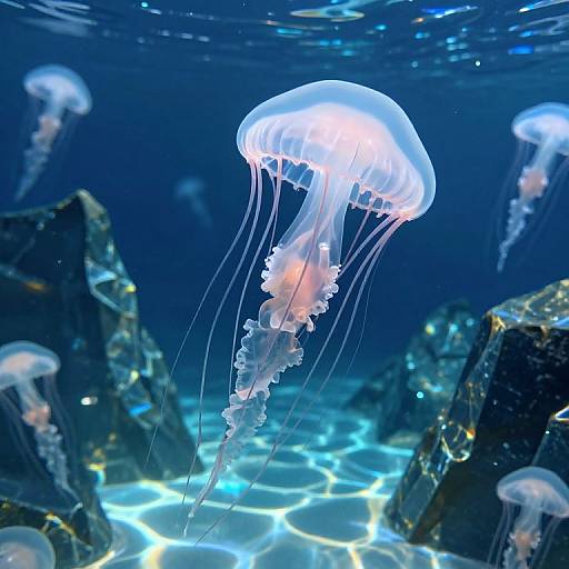 Photograph of glowing jellyfish with translucent, umbrella-like bell and long, flowing tentacles, swimming amid dark, underwater rocks with blue and white light