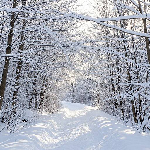 Photograph of a snowy forest path, flanked by snow-covered trees with bare branches, creating a white, serene winter wonderland.