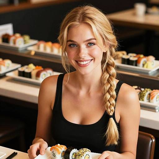 Joyful Blonde Woman Enjoying Sushi Buffet