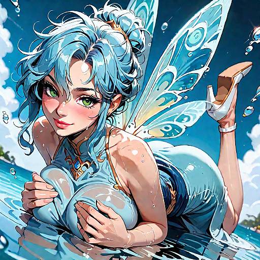 Digital anime-style illustration of a blue-haired fairy girl with green eyes, large breasts, white dress, and translucent wings, playfully splashing in water