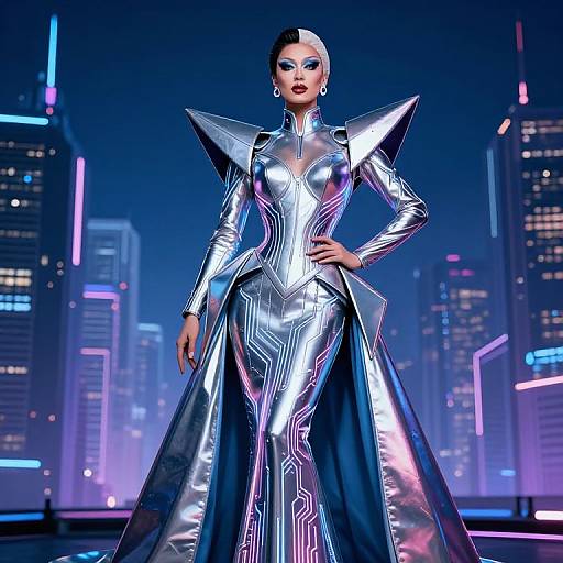 Cyberpunk fashion model in a reflective silver gown with neon accents, standing confidently in a futuristic cityscape at night.