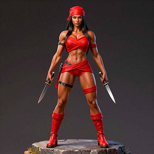 Intense Muscular Woman in Red Outfit