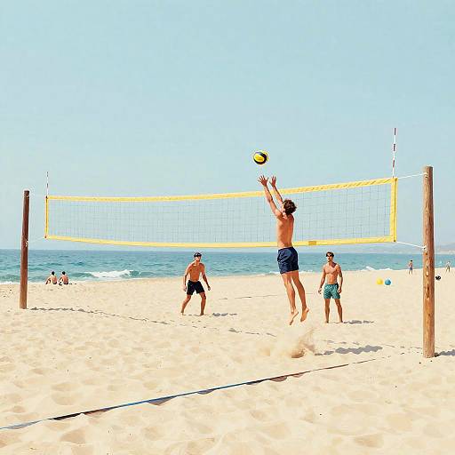 Photograph of three shirtless men playing beach volleyball on sandy shore; one spiking the ball, net in center, ocean in background.