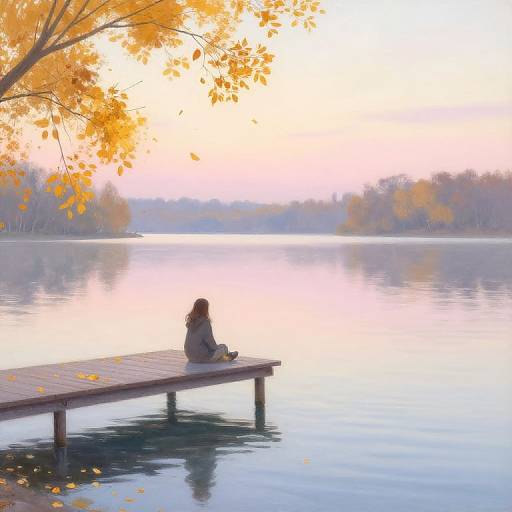 Photograph of a woman with long brown hair in a gray sweater sitting on a wooden dock, overlooking a calm lake with autumn leaves and orange trees in