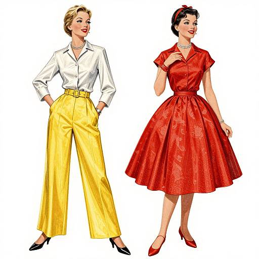 Digital illustration of two stylish women: left in white blouse, yellow high-waisted pants, black heels; right in red dress, red heels,